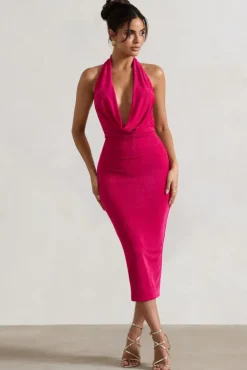 Raleigh | Hot Pink Cowl-Neck Midi Dress