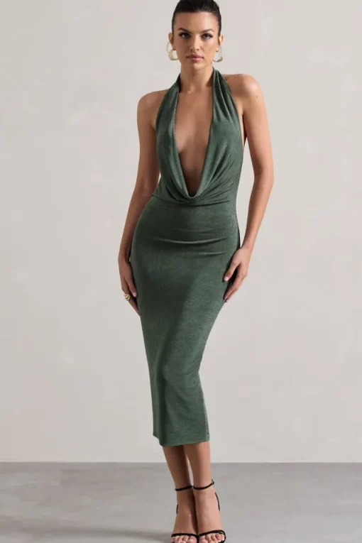 Raleigh | Sage Green Cowl-Neck Midi Dress