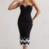 Ramona | Black Bodycon Sweetheart Midi Dress With Floral Trim