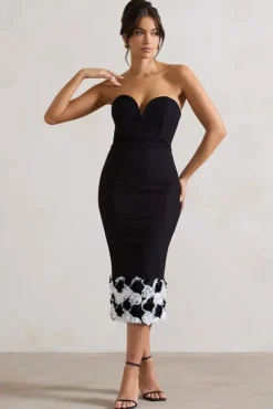 Ramona | Black Bodycon Sweetheart Midi Dress With Floral Trim