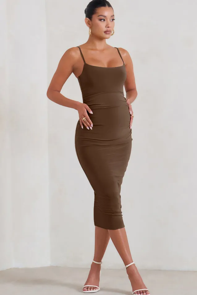 Raquel | Brown Maternity Cami Midi Dress With Split