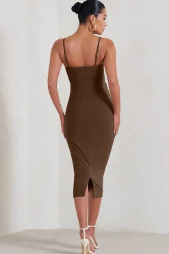 Raquel | Brown Maternity Cami Midi Dress With Split