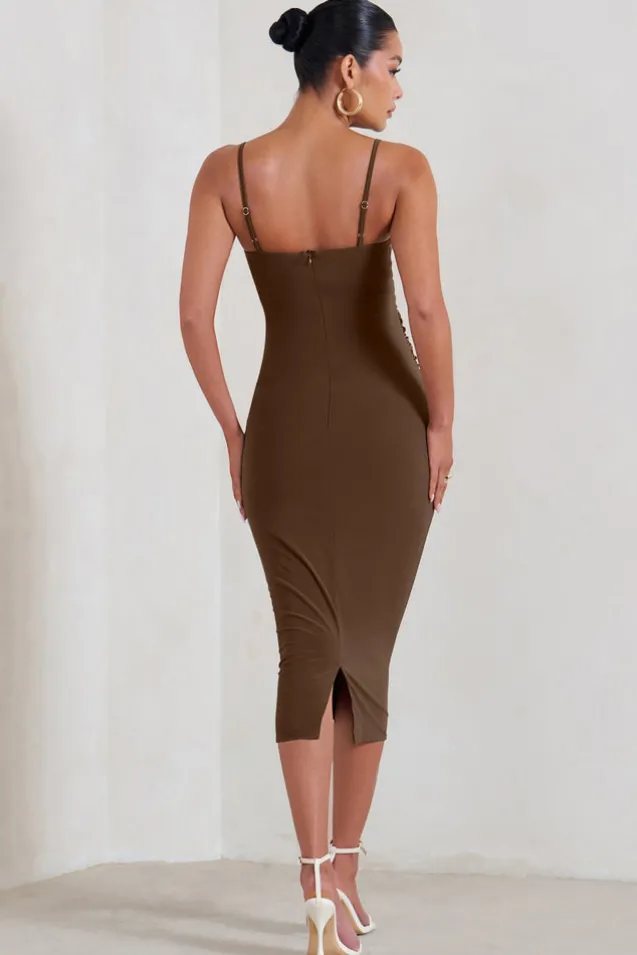 Raquel | Brown Maternity Cami Midi Dress With Split