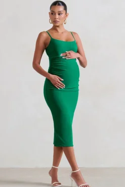 Raquel | Green Maternity Cami Midi Dress With Split