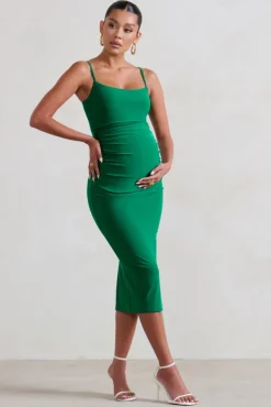 Raquel | Green Maternity Cami Midi Dress With Split