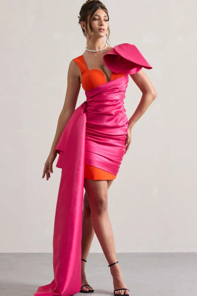 Rare | Pink u0026 Orange Satin Wrap Mini Dress Peplum Drape