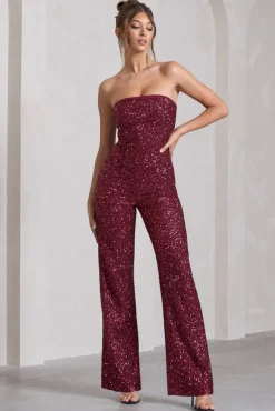 Ray | Berry Sequin Bandeau Wide-Leg Jumpsuit