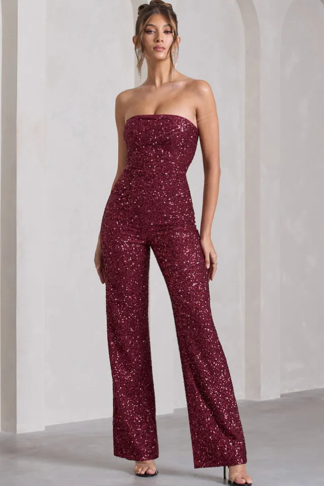 Ray | Berry Sequin Bandeau Wide-Leg Jumpsuit