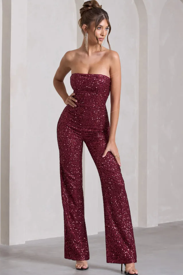 Ray | Berry Sequin Bandeau Wide-Leg Jumpsuit