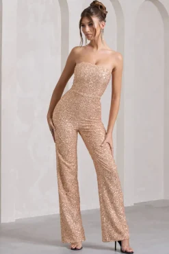 Ray | Rose Gold Sequin Bandeau Wide-Leg Jumpsuit
