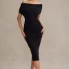 Rayleigh | Black Bardot Ruched Midi Dress