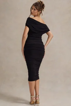 Rayleigh | Black Bardot Ruched Midi Dress