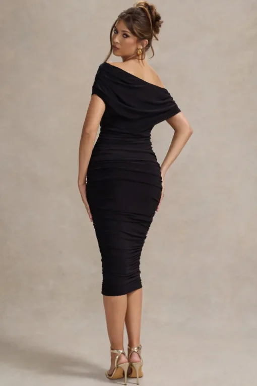 Rayleigh | Black Bardot Ruched Midi Dress