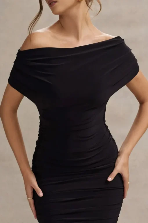 Rayleigh | Black Bardot Ruched Midi Dress