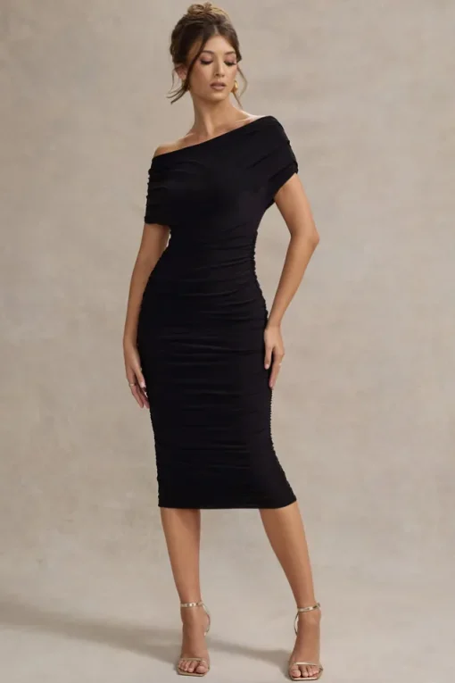 Rayleigh | Black Bardot Ruched Midi Dress
