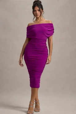 Rayleigh | Dark Pink Bardot Ruched Midi Dress