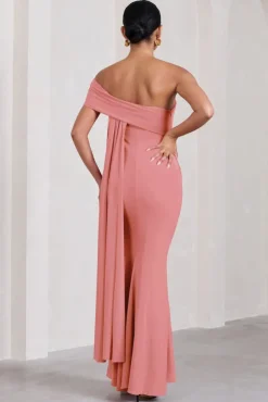 Real Love | Blush pink Bardot Split Maternity Maxi Dress With Drape Detail