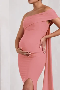 Real Love | Blush pink Bardot Split Maternity Maxi Dress With Drape Detail