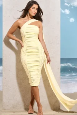 Realign | Lemon Ruched One Shoulder Midi Dress With Sash