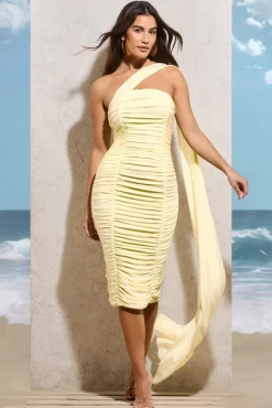 Realign | Lemon Ruched One Shoulder Midi Dress With Sash