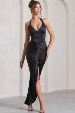 Rebecca | Black Satin Plunge Halter-Neck Open-Back Split Maxi Dress