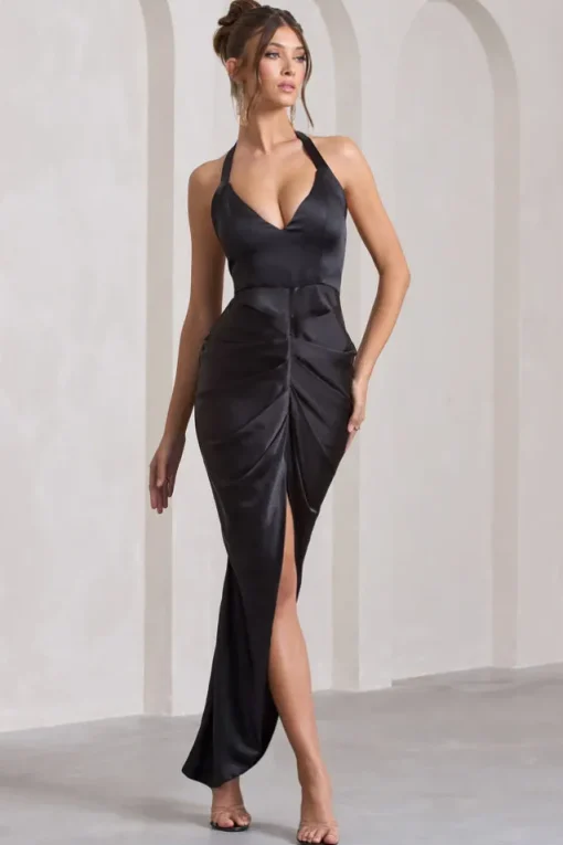 Rebecca | Black Satin Plunge Halter-Neck Open-Back Split Maxi Dress