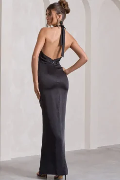 Rebecca | Black Satin Plunge Halter-Neck Open-Back Split Maxi Dress