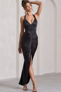 Rebecca | Black Satin Plunge Halter-Neck Open-Back Split Maxi Dress