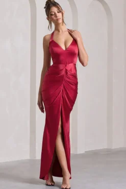 Rebecca | Red Satin Plunge Halter-Neck Open-Back Split Maxi Dress