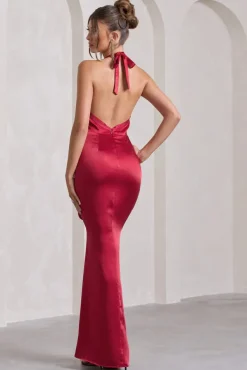 Rebecca | Red Satin Plunge Halter-Neck Open-Back Split Maxi Dress