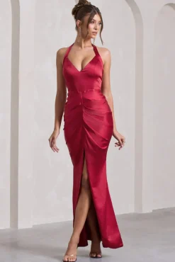 Rebecca | Red Satin Plunge Halter-Neck Open-Back Split Maxi Dress