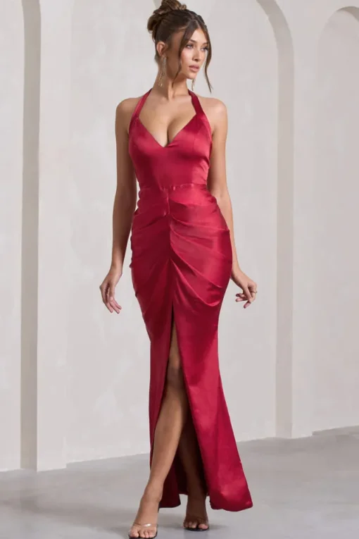 Rebecca | Red Satin Plunge Halter-Neck Open-Back Split Maxi Dress
