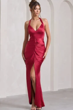 Rebecca | Red Satin Plunge Halter-Neck Open-Back Split Maxi Dress