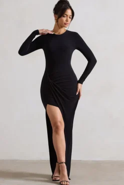 Rebekah | Black Long-Sleeve Wrap Maxi Dress