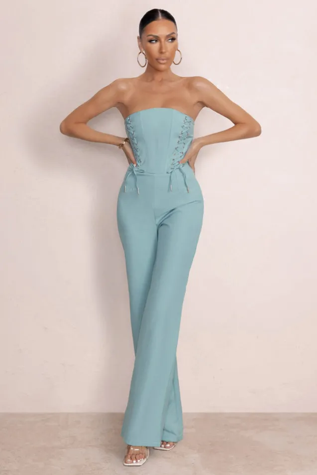 Reborn | Duck Egg Blue Bandeau Jumpsuit With Lace Up Detail