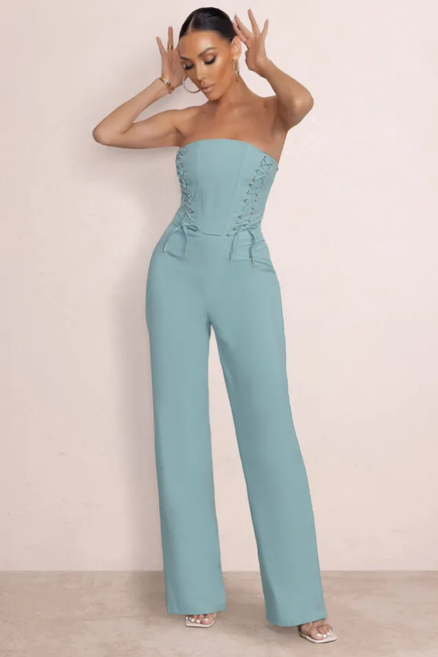 Reborn | Duck Egg Blue Bandeau Jumpsuit With Lace Up Detail