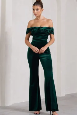 Recognition | Bottle Green Velvet Twisted Bardot Wide-Leg Jumpsuit