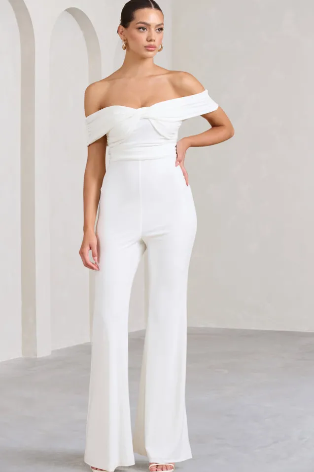 Recognition | White Off The Shoulder Ruched Jumpsuit