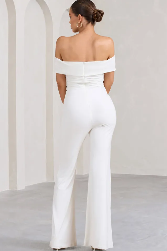 Recognition | White Off The Shoulder Ruched Jumpsuit