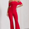 Red Carpet | Red Bardot Ruched Draped Jumpsuit