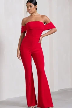 Red Carpet | Red Bardot Ruched Draped Jumpsuit