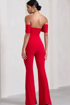 Red Carpet | Red Bardot Ruched Draped Jumpsuit