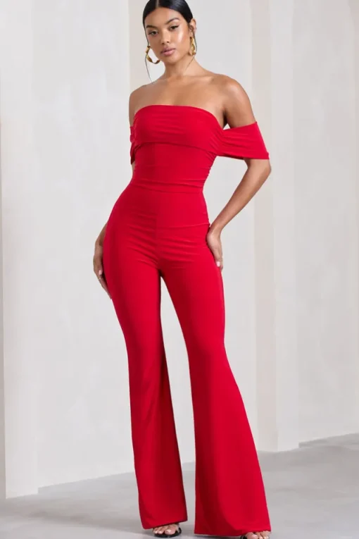 Red Carpet | Red Bardot Ruched Draped Jumpsuit