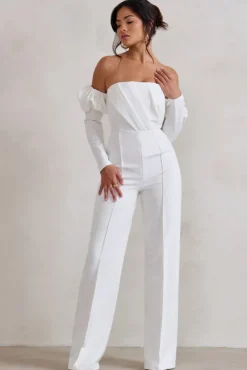 Reema | White Bardot Puff Long Sleeve Jumpsuit