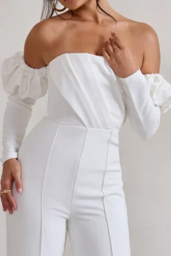 Reema | White Bardot Puff Long Sleeve Jumpsuit