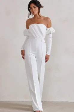 Reema | White Bardot Puff Long Sleeve Jumpsuit