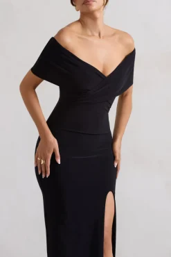 Refined | Black Twist Front Bardot Maxi Dress