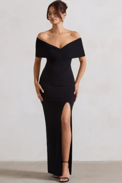 Refined | Black Twist Front Bardot Maxi Dress