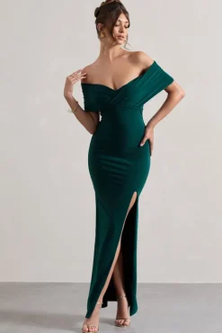 Refined | Bottle Green Twist Front Bardot Maxi Dress