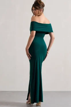 Refined | Bottle Green Twist Front Bardot Maxi Dress